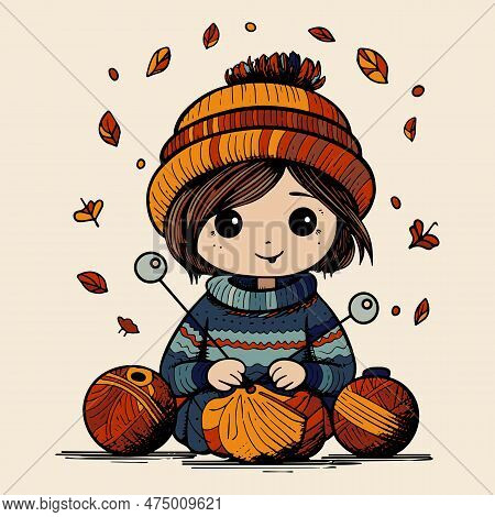 Cute Young Femail Character, Nice Knitting Girl
