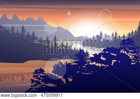 Calming River Landscape. Peaceful Sunrise. Natural Lake Or Fjords. Large Evening Sunset Scene. Fores