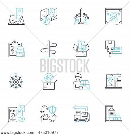 Freight Services Linear Icons Set. Cargo, Shipment, Logistics, Transportation, Import, Export, Carri