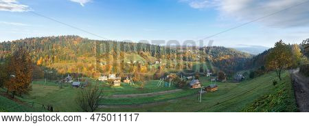 View On Autumn Mountain Village. Carpathian Mountains, Ukraine.