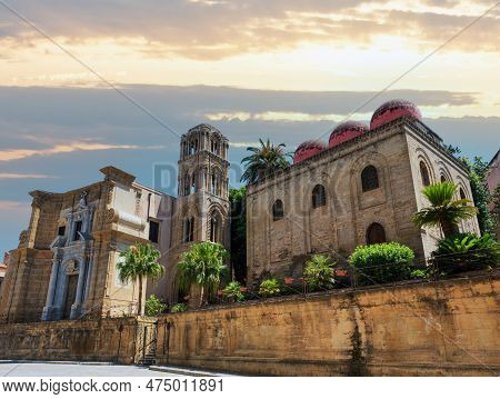The Church Of Santa Maria Dell\'ammiraglio ( Martorana ) And Church Of San Cataldo View, Palermo Old