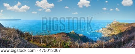 Ocean Coast Panorama And Fort-la-latte (or Castle Of La Latte) On The Right (brittany, France). Buil