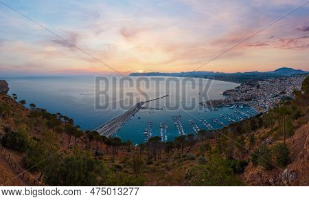 Early Morning View To Tyrrenian Sea Bay, Castellammare Del Golfo And Alcamo Town And Pier From Local
