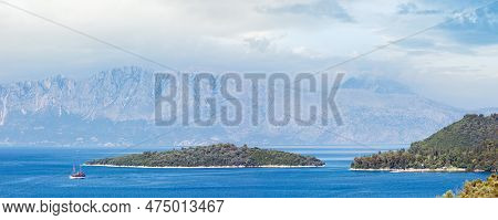Beautiful Hazy Summer Lefkada Coastline Panorama (nydri, Greece, Ionian Sea).