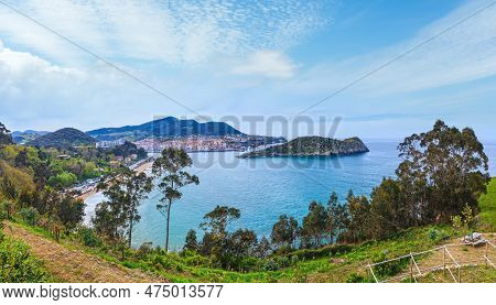 Summer Lekeitio Town Coastline And San Nicolas Island (isla De San Nicolas), Biscay, Spain. All Peop