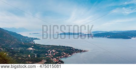Sea Twilight Panorama, Croatian Islands And Viganj Village On Seashore (peljesac Peninsula, Croatia)
