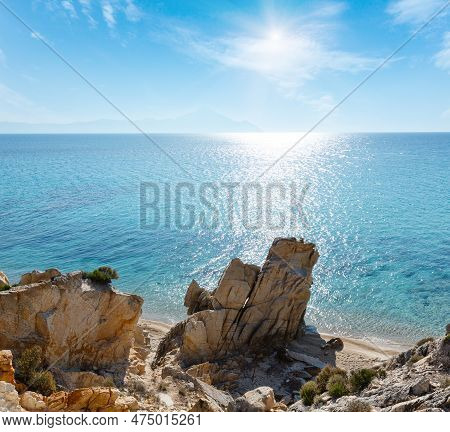 Summer Sunshiny Sandy Beach And Rocky Coast Near Platanitsi Beach (sithonia Peninsula, Chalcidice, G