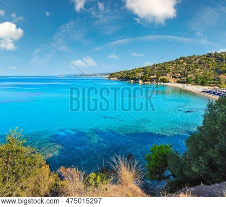 Morning Sandy Kaviou Beach. Summer Top View (nikiti, Sithonia, Halkidiki, Greece). People Are Unreco