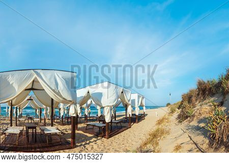 Luxury Beach Tents Canopies On Morning Paradise White Sandy Beach (pescoluse, Salento, Puglia, South