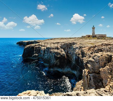 Summer Capo Murro Di Porco Old Abandoned Lighthouse - Syracuse, Sicily, Italy, Mediterranean Sea.