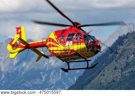 Zell Am See, Austria - July 17, 2017: Medical Helicopter At Airport And Airfield. Rotorcraft And Med