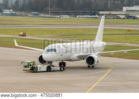 Zurich, Switzerland, January 2, 2023 Ita Airways Bombardier Cs-300 Or Airbus A220 Aircraft Is Pushed
