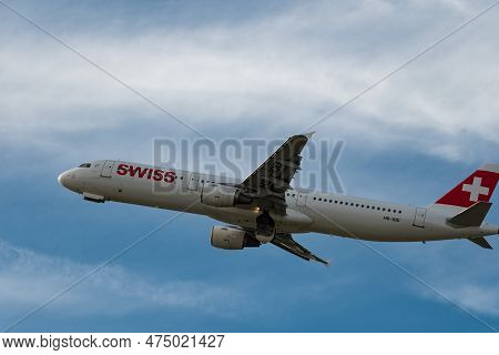 Zurich, Switzerland, January 2, 2023 Swiss International Airlines Airbus A321-111 Aircraft Is Taking