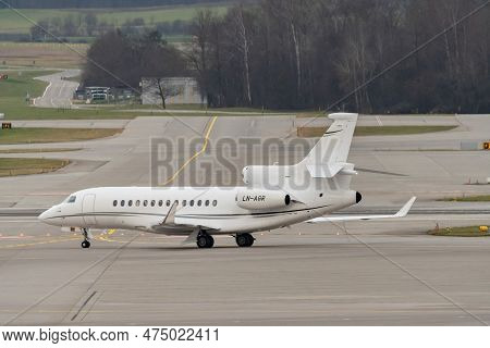 Zurich, Switzerland, January 2, 2023 Dessault Falcon 7x Business Aircraft Is Taxiing To Its Position