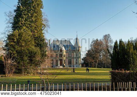Thun, Switzerland, February 12, 2023 Historic Old Castle Schadau In A Lovely Park On A Sunny Day