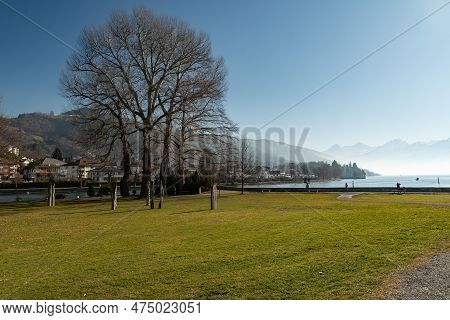 Thun, Switzerland, February 13, 2023 Romantic Green Schadau Park On A Sunny Day