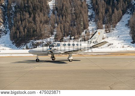 Samedan, Switzerland, February 21, 2023 Cessna 425 Conquest Multi Engine Propeller Aircraft Is Taxii