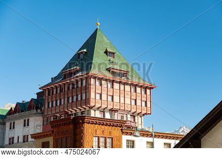 Saint Moritz, Switzerland, February 21, 2023 Building Of The Popular Badrutts Palace Hotel In The Ci
