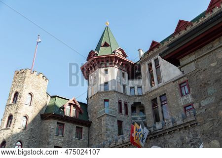 Saint Moritz, Switzerland, February 21, 2023 Building Of The Popular Badrutts Palace Hotel In The Ci