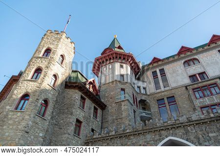 Saint Moritz, Switzerland, February 21, 2023 Building Of The Popular Badrutts Palace Hotel In The Ci