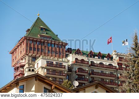 Saint Moritz, Switzerland, February 21, 2023 Building Of The Popular Badrutts Palace Hotel In The Ci