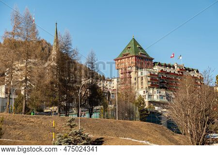 Saint Moritz, Switzerland, February 21, 2023 Building Of The Popular Badrutts Palace Hotel In The Ci