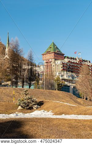 Saint Moritz, Switzerland, February 21, 2023 Building Of The Popular Badrutts Palace Hotel In The Ci