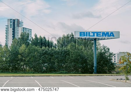 Helsinki, Finland - August 22, 2022: Huge Blue Biltema Sign At Entrance Of Swedish Store Of Spare Pa