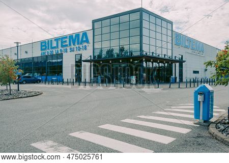 Helsinki, Finland - August 22, 2022: Biltema Store. Blue Sign Above Main Entrance To Building. Car P