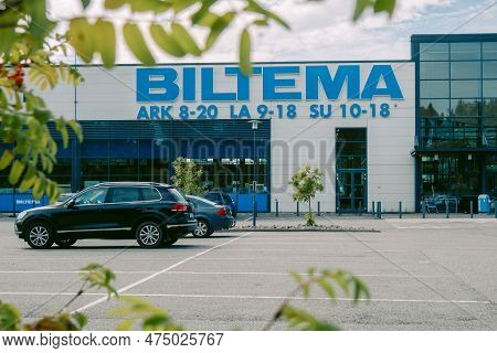 Helsinki, Finland - August 22, 2022: Biltema Store. Blue Sign Above Main Entrance To Building. Car P