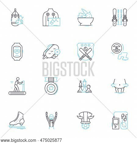 Physical Wellness Linear Icons Set. Fitness, Strength, Endurance, Flexibility, Health, Nutrition, Ex