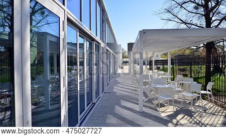 Warsaw, Poland. 21 April 2023. The Building That Houses The Food Hall Ogrody Urlicha. It\'s A Modern