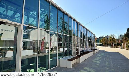 Warsaw, Poland. 21 April 2023. The Building That Houses The Food Hall Ogrody Urlicha. It\'s A Modern