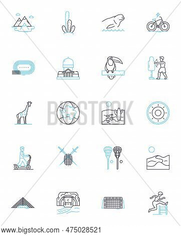 Excursion Linear Icons Set. Adventure, Exploration, Trip, Journey, Trek, Safari, Odyssey Line Vector