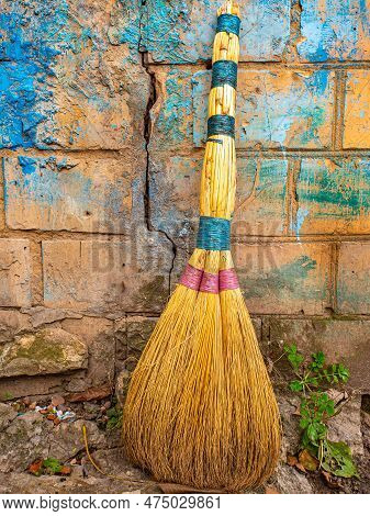 Wicker Broom Made Of Sorghum For Indoor Sweeping. Broom For Sweeping The Floor. House Cleaning. Clea