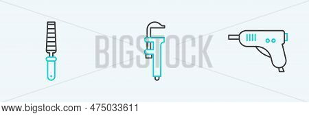 Set Line Electric Hot Glue Gun, Chisel Tool For Wood And Calliper Caliper And Scale Icon. Vector