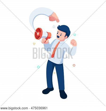 Flat 3d Isometric Businessman Promote Himself By Megaphone. Self Promotion Or Personal Branding Conc