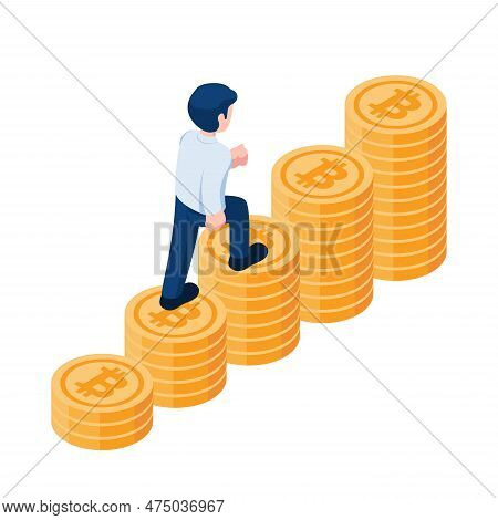 Flat 3d Isometric Businessman Walking Up On Growth Bitcoin Satck. Bitcoin And Cryptocurrency Investm