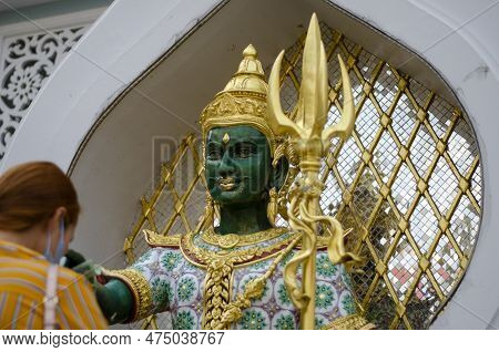 Bangkok, Thailand - April 22, 2023: Devaraj Neramit Or Thep Tanjai Statue, Thewarat Kunchorn Worawih