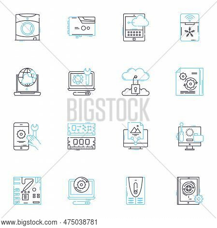 Tech Devices Linear Icons Set. Smartph, Tablet, Laptop, Computer, Smartwatch, Fitness-tracker, Earbu