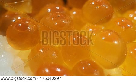 Close Up Of Sashimi Salmon Roe With Rice Bowl Or Donburi In Japanese Style Food.