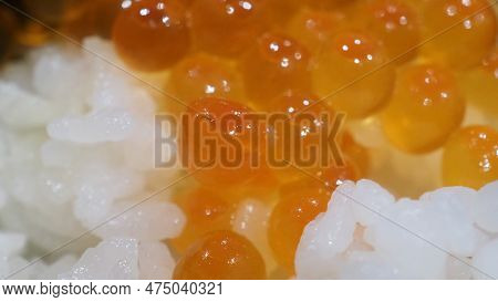 Close Up Of Sashimi Salmon Roe With Rice Bowl Or Donburi In Japanese Style Food.
