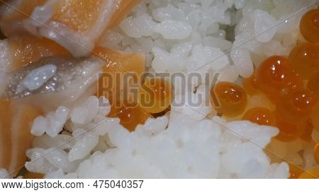 Close Up Of Sashimi Salmon Roe With Rice Bowl Or Donburi In Japanese Style Food.