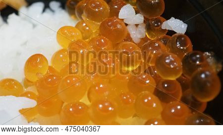 Close Up Of Sashimi Salmon Roe With Rice Bowl Or Donburi In Japanese Style Food.
