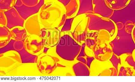 Glittering Goldish Yellow Diaphanous Film Spheres On Red Backdrop - Abstract 3d Rendering