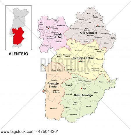 Administrative Vector Map Of The Alentejo Region Of Southern Portugal