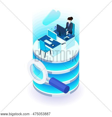 Data Storage Tranfer And Analysis Isometric 3d Concept With Female Character Working On Computer Vec