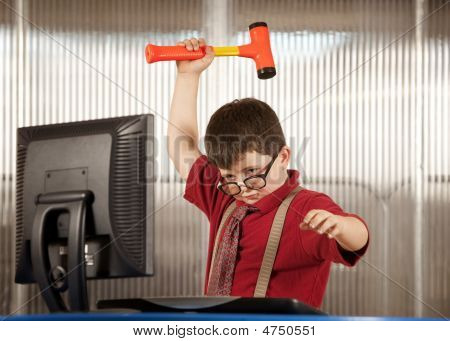 Nerdy Boy Smashing His Computer