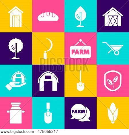 Set Corn, Shield With Leaf, Wheelbarrow, Tree, Sickle, Wooden Outdoor Toilet And Signboard Text Farm
