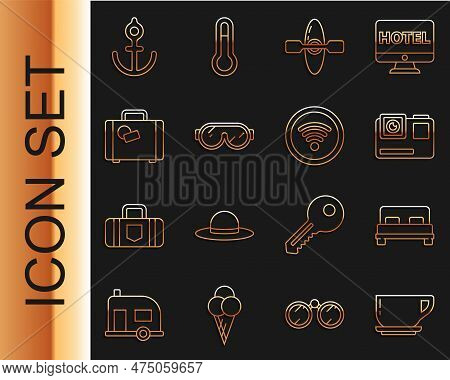 Set Line Coffee Cup, Big Bed, Action Extreme Camera, Kayak Or Canoe, Ski Goggles, Suitcase, Anchor A